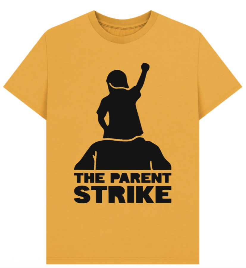 Yellow Parent Strike t-shirt with the logo printed in black